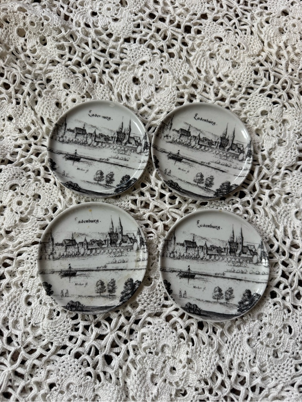 Vintage Black and White Scenic Germany Glass Mini Plates - Set of 4